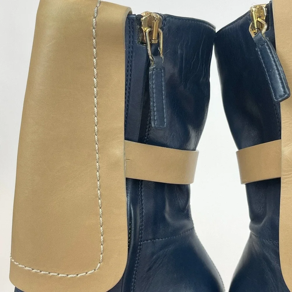 Womens‎ Jil Sander Blue Brown Leather Heeled Ankle Booties Boots Size 35 US 5 M